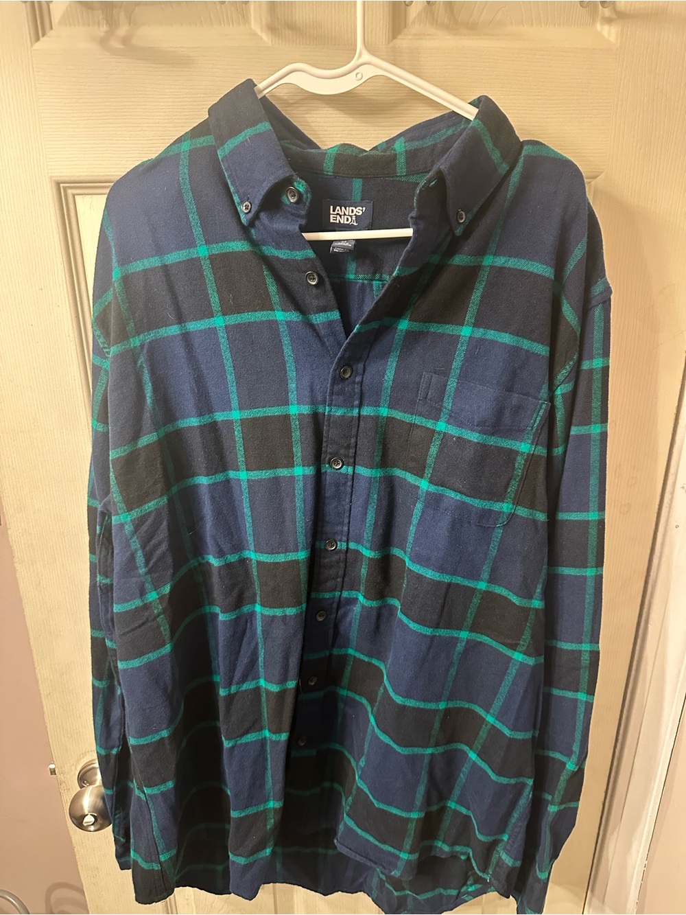 Lands' End Navy Blue and Teal Plaid Button-Down Shirt